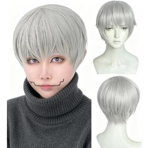 ANOGOL Wig Cap+Short Silver Cosplay Wig Men Synthetic Grey Hair with Bangs Short Silver Grey Wigs with Bangs Costume Wig for Halloween Anime Cosplay Light Gray Wigs for Men Women Party Event