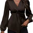 SweatyRocks Women's Twist Front V Neck Long Lantern Sleeve Blouse Elegant Asymmetrical Hem Peplum Shirt Tops Brown, Medium 
