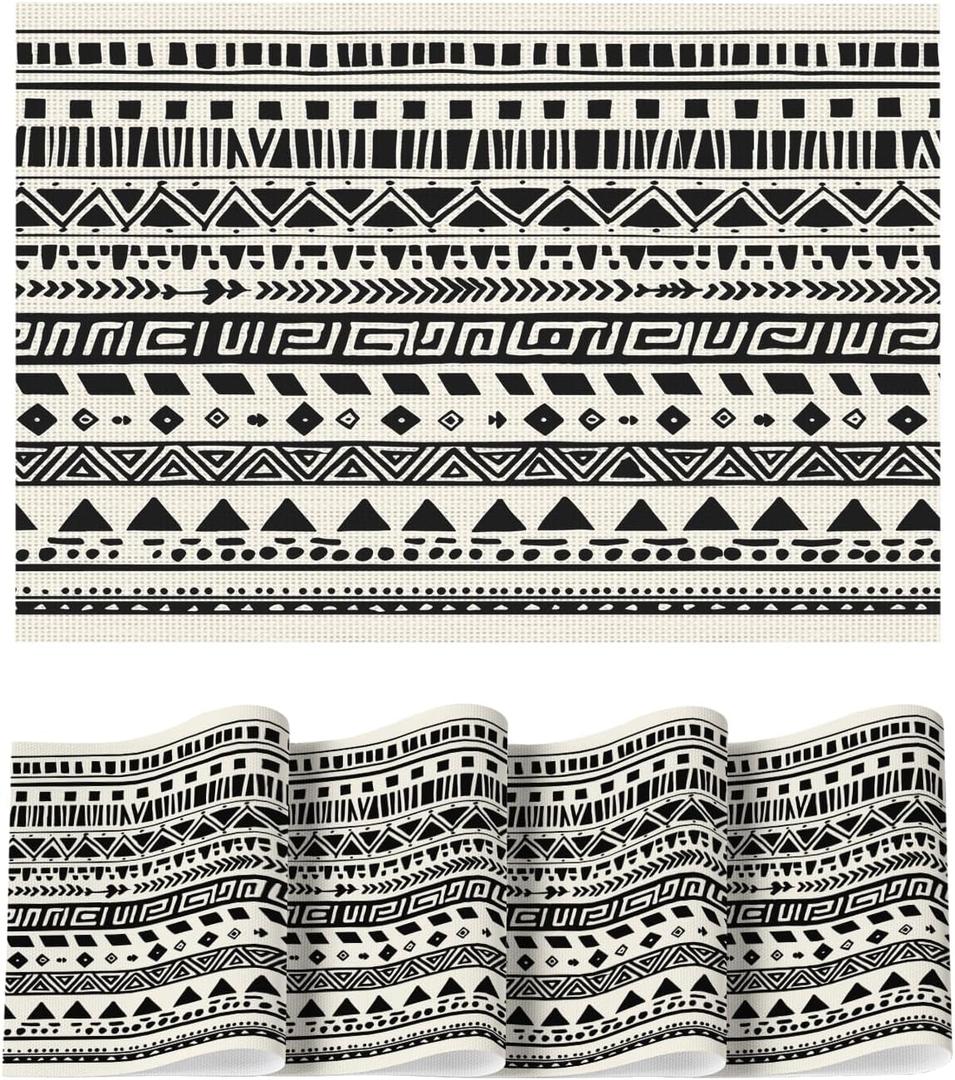 Artoid Mode Beige Geometric Stripes Placemats Set of 4, Washable Heat Resistant Non-Slip Woven Plastic Boho PVC Place Mats for Farmhouse Party Kitchen Dining Decor