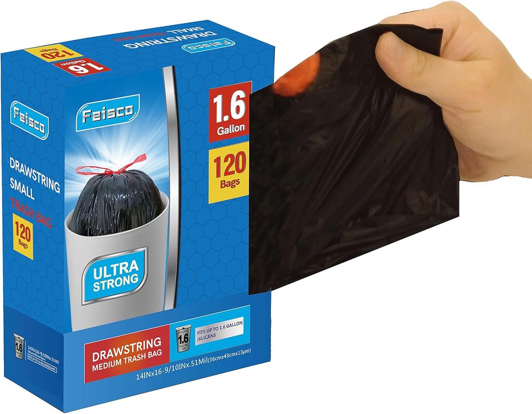 Feisco 1.6 Gallon Black Bag,6L Drawstring Garbage Bag Can Liner,120 Counts,0.51 Mil