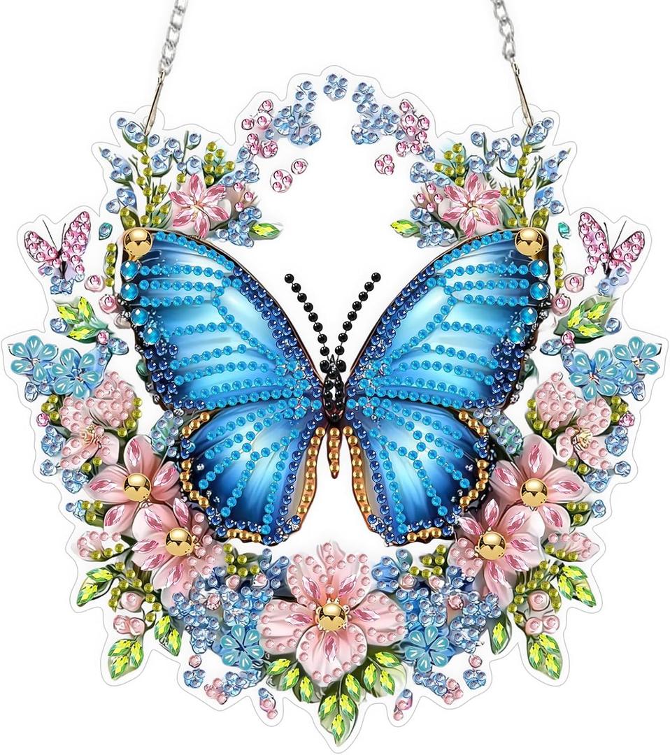 QENSPE Blue Bird Diamond Art Hanging Kits for Adults, 5D Special Shape Diamond Paingting Ornaments Kits with Chain, DIY Flowers Crystal Window Pendants for Home Garden Wall Decor Double Sided 8X8 inch
