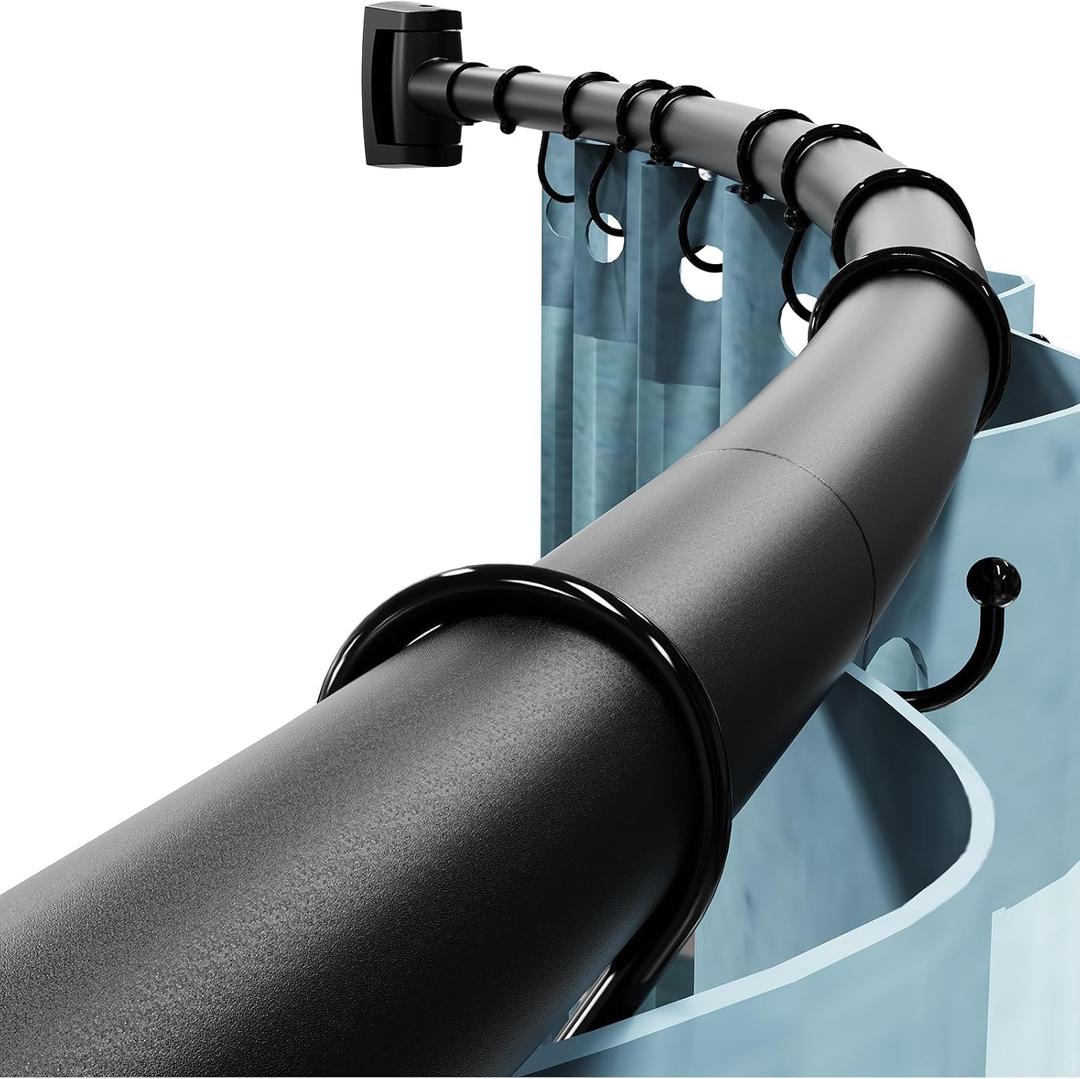 Abiglifty Curved Shower Curtain Rod, 43-66 Inches Adjustable Shower Curtain Rod, Rustproof, Round Extra Wide Shower Rod for Bathroom, Bathtub, Stall, Need to Drill, Black