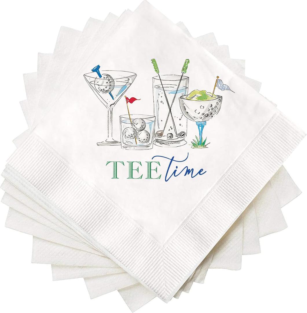 Tee Time Golf Cocktail Napkins 50 Pack, Funny Golf-Themed Party Supplies, 2-Ply Disposable Napkins for Retirement, Birthday, or Tournament Celebration 5 x 5 Inches