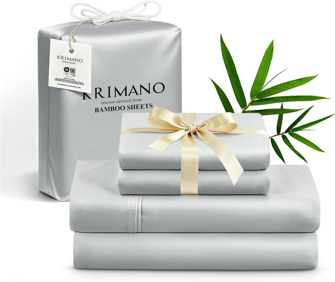 California King Size Sheet Set, Viscose Bamboo Sheets for Bed Set 4pcs, 100% Viscose Derived from Bamboo, Hotel Luxury Silky & Cooling for Hot Sleepers, Deep Pocket Up to 17", Light Grey