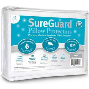 Set of 2 King Size SureGuard Pillow Protectors - 100% Waterproof, Bed Bug Proof, Hypoallergenic - Premium Zippered Cotton Terry Covers