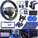 CAR PASS 30 PCS Bling Car Accessories Set for Women, Bling Steering Wheel Covers 15 Inch, Shining Rhinestone License Plate Frame, Sparkly Diamond Phone Holder, Cute Interior Set Decorations, Blue