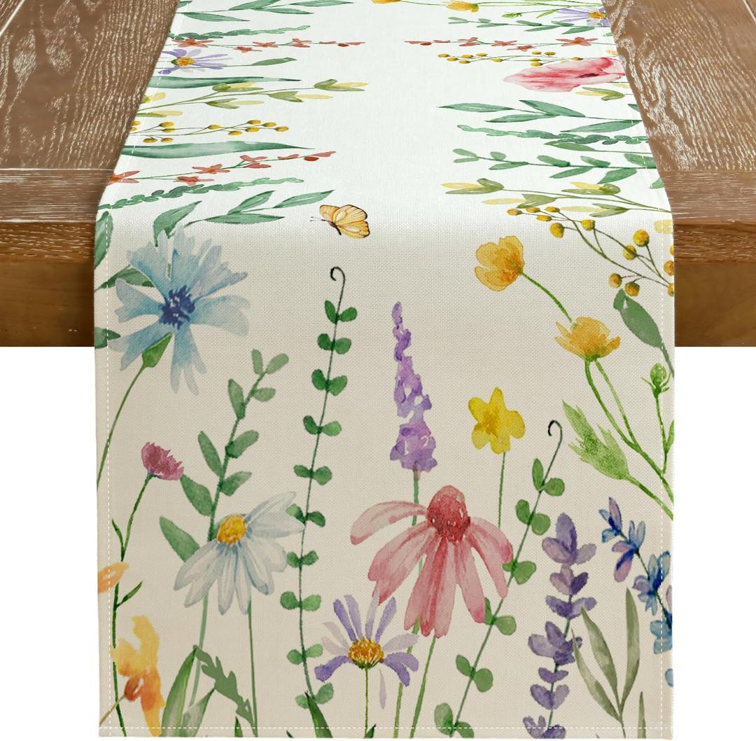 GEEORY Spring Table Runner 13x108 Inch Watercolor Wild Flower Farmhouse Rustic Holiday Kitchen Dining Table Decoration for Indoor Outdoor Dinner Party Dcor GT004