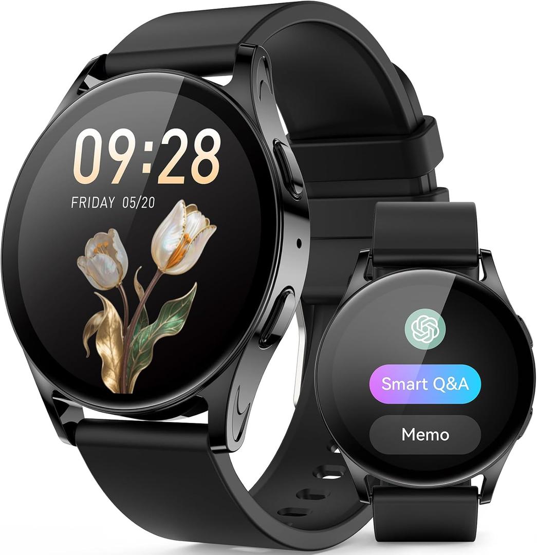 AI Smart Watch wtih GPT, 41mm 1.32" AMOLED, Answer/Make Calls, Activity Fitness Tracker for Android iPhone with AOD,150+ Sports, Calorie & Step Counter, Sleep Monitor, Women Men, 2 bands (Black)