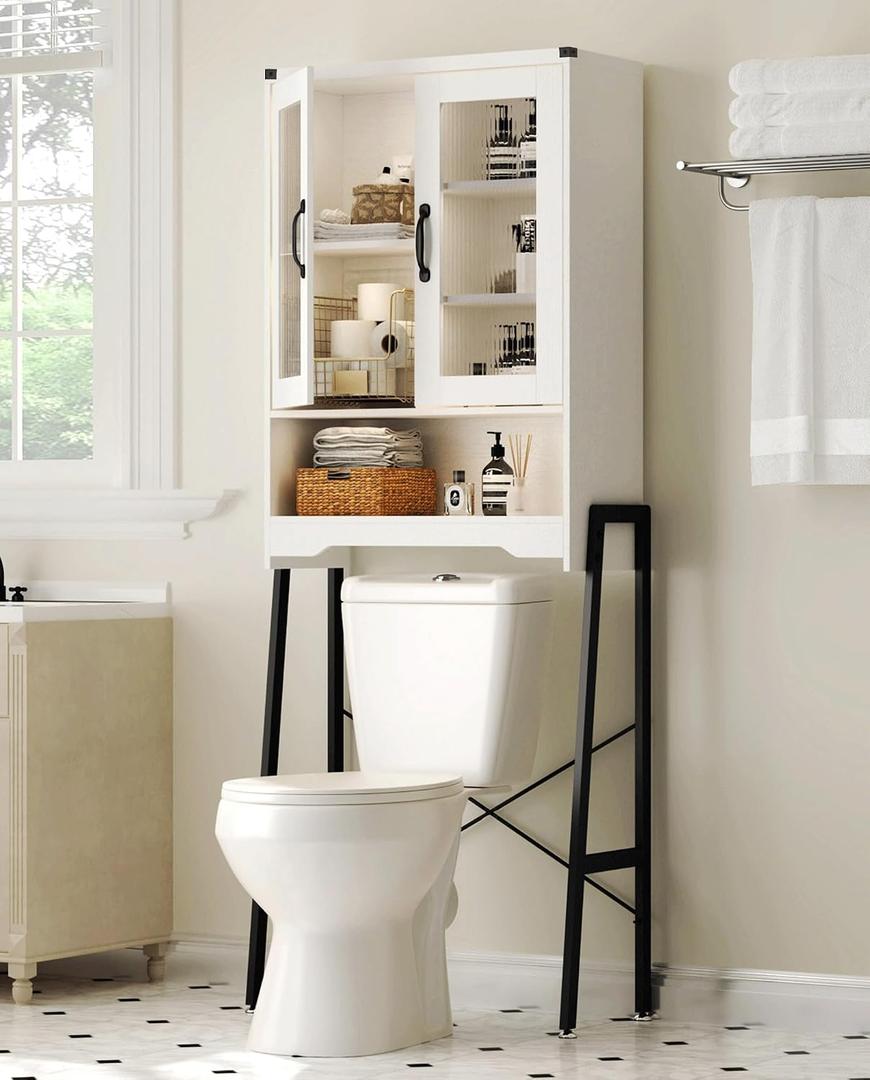 Over The Toilet Storage Cabinet with Tempered Glass Doors & Metal Stand, Over Toilet Organizer with Adjustable Shelf Space Saver Over Toilet , Tall Freestanding Shelf/Rack for Bathroom, Modern, White, 23.6 inches x 9.4 inches x 66.5 inches