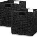 Vagusicc Storage Basket, Set of 2 Hand-Woven Storage Baskets for Organizing with Handles, Foldable Cube Storage Baskets Bins Organizer, 13 inch Large Wicker Baskets for Shelves & Decor, Black