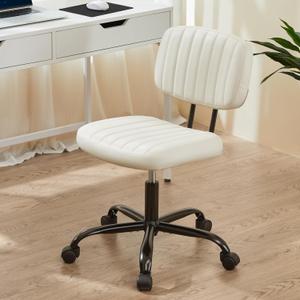 Sweetcrispy Small Office Computer Desk Chair with Wheels and Lumbar Support, Comfy Cute Armlees PU Leather Vanity Rolling Swuvel Task Chair No Arm for Adult, Student (Beige White)