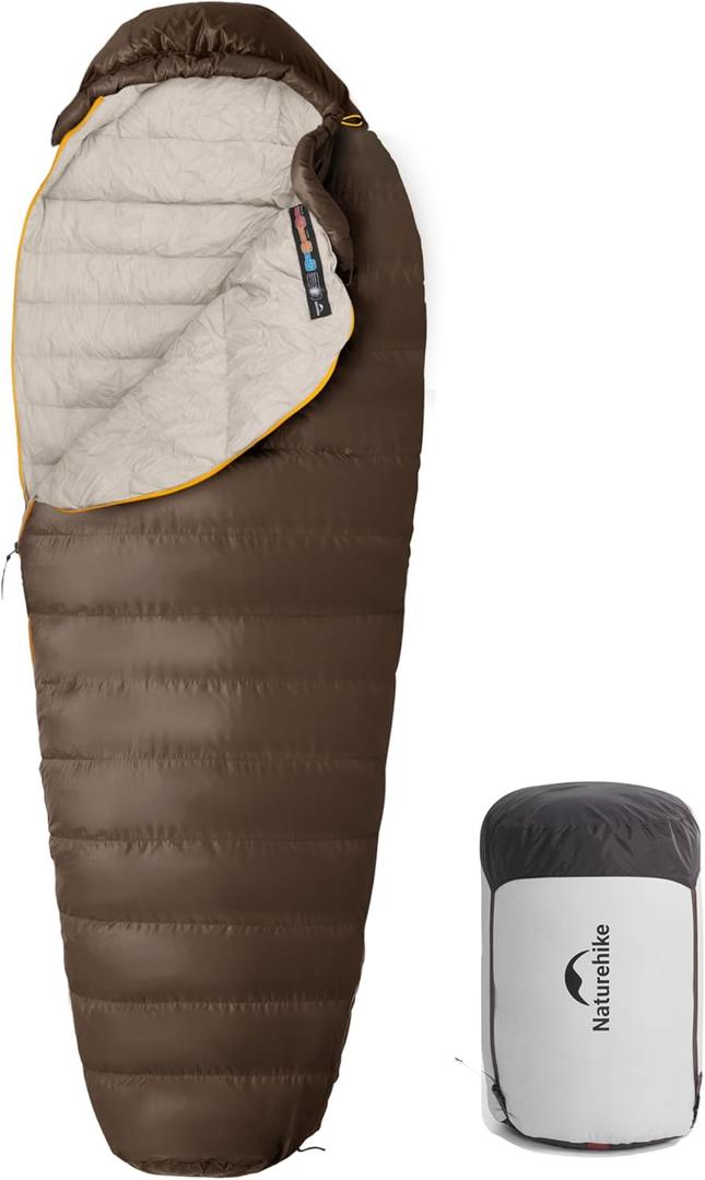 Naturehike 0 Degree Down Mummy Sleeping Bag for Adults, 650FP Cold Weather Backpacking Sleeping Bag with RDS Down, 12.5-38.8 Sleeping Bags for Camping, Hiking, 2025 Model (33.8-Regular, Brown)