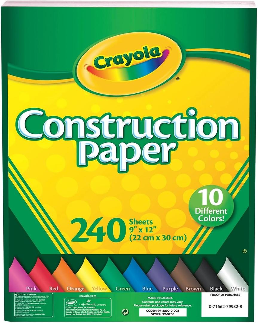 Crayola Construction Paper (240ct), 12 Assorted Colors, Kids Arts & Crafts Paper, Gifts for Kids, Classroom Supplies for Teachers