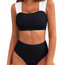 Blooming Jelly Womens High Waisted Bikini Color Block Tummy Control Swimsuits Shapewear Sporty Supportive Bathing Suit (L, Black)