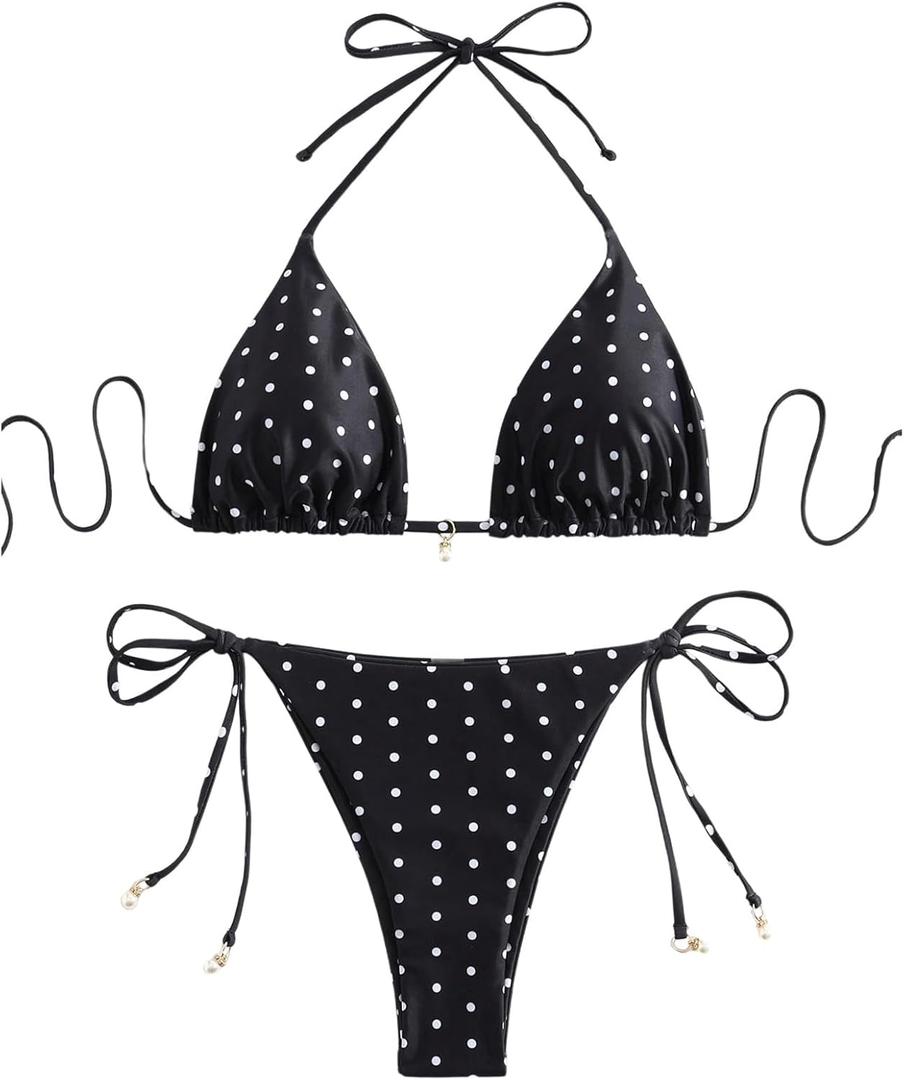 SOLY HUX Women's Polka Dots Print Bathing Suit Halter Triangle Tie Side Bikini Sets Two Piece Swimsuit Black and White Printed Small
