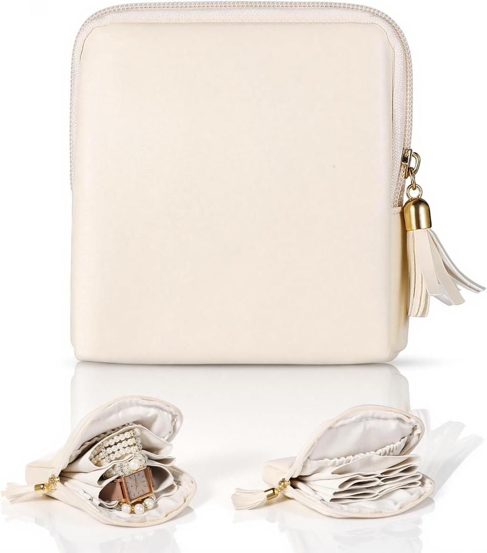 Small Travel Jewelry Case, Soft Velvet Jewelry Zipper Pouch Bag, Portable Jewelry Organizer Storage Bag with Small Pouches for Gemstones Healing Crystal Earring Bracelets (Beige)