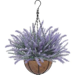 Fake Hanging Plants Baskets Artificial Flowers for Outdoors Spring Summer Decoration, Realistic UV Resistant Faux Lavender Hanging Flowers for Porch Home Gardens Balcony Yard Planter Outside Decor (Purple)