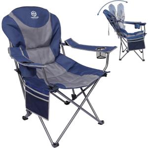 Coastrail Outdoor Reclining Camping Chair 3 Position Folding Lawn Chair for Adults Padded Comfort Camp Chair with Cup Holders, Head Bag and Side Pockets, Supports 350lbs, Blue&Grey