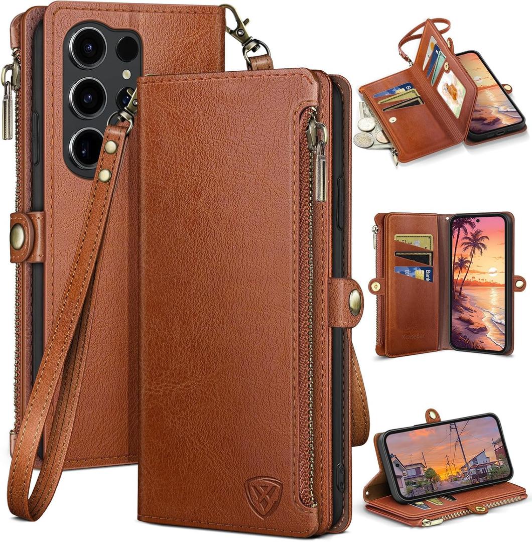 XcaseBar Compatible with Samsung Galaxy S25 Ultra Wallet case with Zipper Credit Card HolderRFID Blocking,Flip Folio Book PU Phone case Shockproof Cover Men Women for S25 Ultra case Light Brown