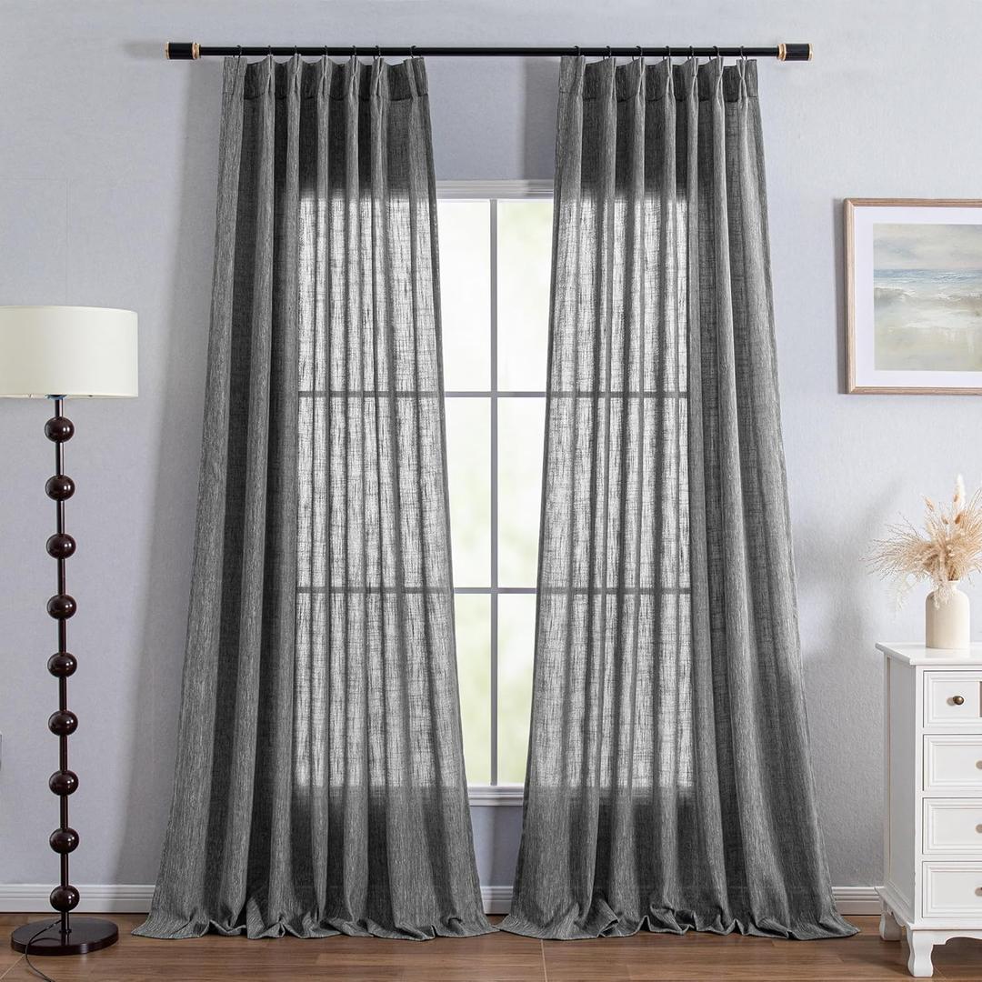 MYSKY HOME Living Room Curtains 96 Inches Long Semi Sheer Light Filtering Privacy Drapes Linen Look Textured Boho Decorative, Pinch Pleated Curtain for Parties, Kids Room 40" x 96", Dark Grey, 2 PCs