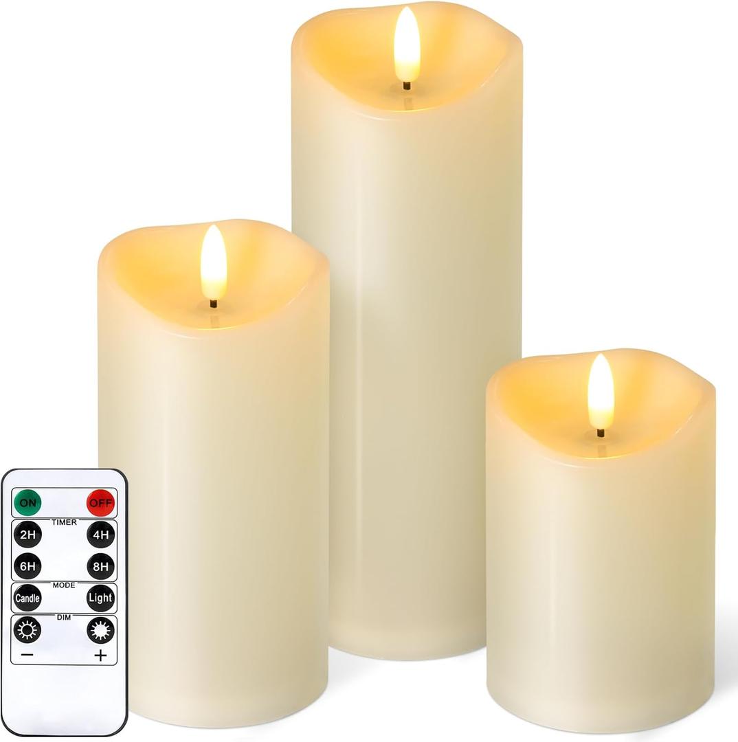 Outdoor Flameless Candles with Remote Timer - Waterproof Realistic Flickering LED Pillar Electric Battery Operated Fake Candle for Holiday Home Wedding Fireplace Decor - Ivory 3 Pack (D3H468)