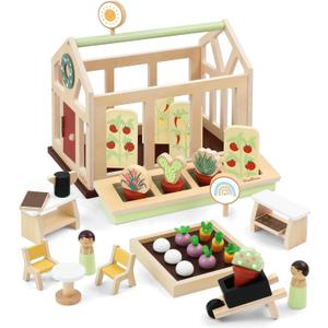PairPear Dollhouse Furnitures Flower Garden Toy Greenhouse Playset,Toddlers Wooden Toys Dollhouse Garden Toys,Pretend Play Food Set for Girls Boys 3 Years and Up