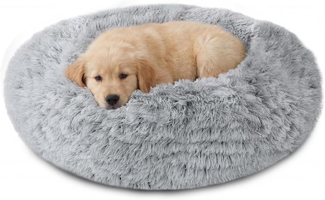 JOLLYVOGUE Calming Dog Bed Medium Size Dog, Anti-Anxiety Donut Medium Pet Bed, 27 inches Fluffy Faux Fur Round Cat Bed (Smoke Grey) (27.0"L x 27.0"W x 8.0"Th)