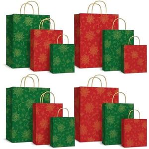 Gilprop 10 Red and Green Christmas Gift Bags Assorted Sizes 15" Extra Large Christmas Poinsettia Bags Bulk Holiday Wrap Decoration Storage Supplies for Home Presents Holiday Party Favors