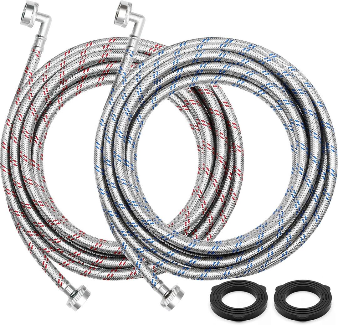 Sosation 25ft Washing Machine Hoses (2 Pack) with 90 Elbow & Straight End for Flexible Installation - Octagon Connections - Burst-proof Braided Stainless Steel Washer Supply Lines - Universal Fit