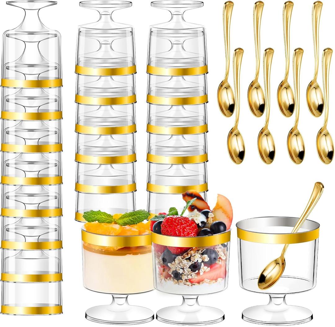 DI QIU REN 120 Pcs 5oz Dessert Cups with Golden Spoon, Plastic Dessert Parfait Cup Clear Appetizer Pudding Cup, Round Serving Goblet Cups Shot Glasse (Round Goblet with Gold Rim-60Pack)