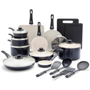 GreenLife Soft Grip Healthy Ceramic Nonstick 23 Piece Kitchen Cookware Pots and Frying Sauce Saute Pans Set with Kitchen Utensils, PFAS-Free, Dishwasher Safe, Black