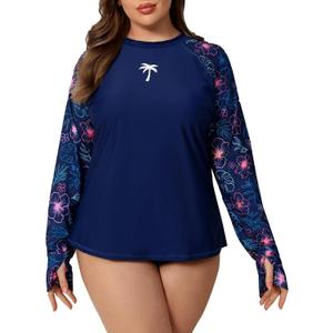 Halcurt Women's Plus Size Long Sleeve Rash Guard Swim Shirt with Thumb Holes UPF50+ Sun Protection Swimsuit Top 1X
