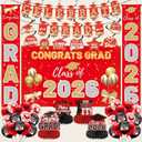 2026 Graduation Party Decorations Kit Red and Gold - Includes Backdrop, Banner, Balloons, Hanging Swirls, Honeycomb Centerpieces for Class of 2026 High School College Graduation Party Supplies