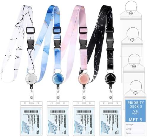 4 Pack Lanyard for Cards, Retractable with 4 Luggage Tags & Waterproof Id Badge Holder (Marble Style)