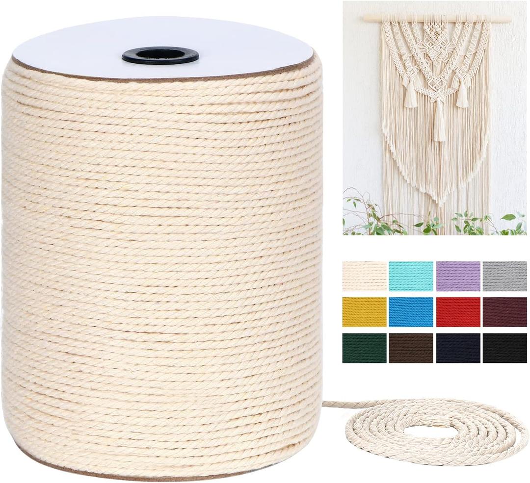 Macrame Cord 3mm x 328Yards(984Feet), Natural Cotton Macrame Rope - 3 Strands Twisted Macrame Cotton Cord for Wall Hanging, Plant Hangers, Crafts, Gift Wrapping and Wedding Decorations