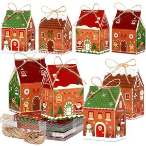 Zhanmai 48 Pcs Christmas Treat Boxes Candy Village Vintage Mini Gingerbread House Favor Box Christmas Party Paperboard Gift Boxes for Xmas Holiday Party Treat Cookie Goodie Snack Gift Packaging