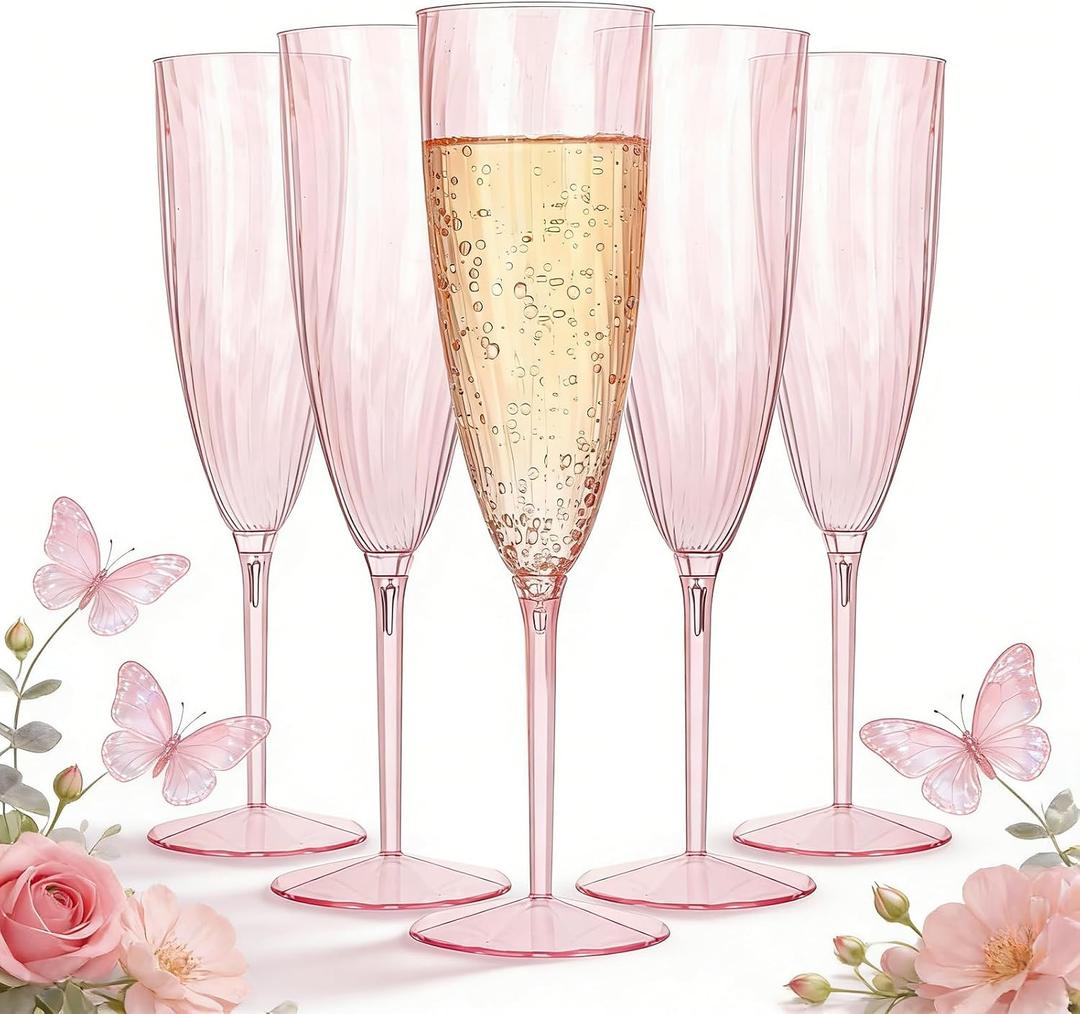 WDF 36PCS Pink Champagne Flutes Plastic - 6OZ Pink Disposable Champagne Flutes Party Supplies for Birthday Parties Baby Shower Wedding Spring Mother's Day