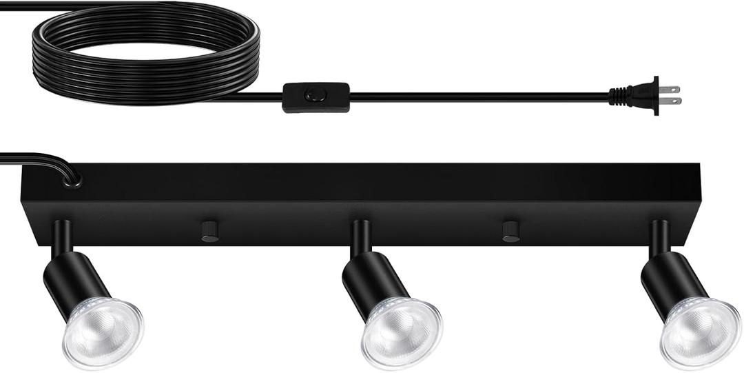 Plug in Track Lighting, 16" LED Track Light Fixtures Ceiling, Black 3 Way GU10 Wall Spotlight, Rotatable Track Head, Plug in Ceiling Light Kitchen Hallway Living Room,15 Foot Power Cord(NO Bulb)