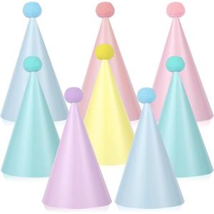CHUNNIN 48pcs Rainbow Party Hats Pastel Rainbows Birthday Parties Supplies Macaron Cone Hat Happy Birthdays Paper Headwear with Pom Pom for Kids and Adults Baby Shower Bridal Shower Decorations Favors