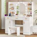 Decofy 43'' White Vanity with 11 LED Lights & Mirrow, Makeup Vanity Table with Power Outlets, Chair & Hair Dryer Holder, Dressing Table with Drawers & Cabinet, 55.1 inches x 15.7 inches x 43.29 inches