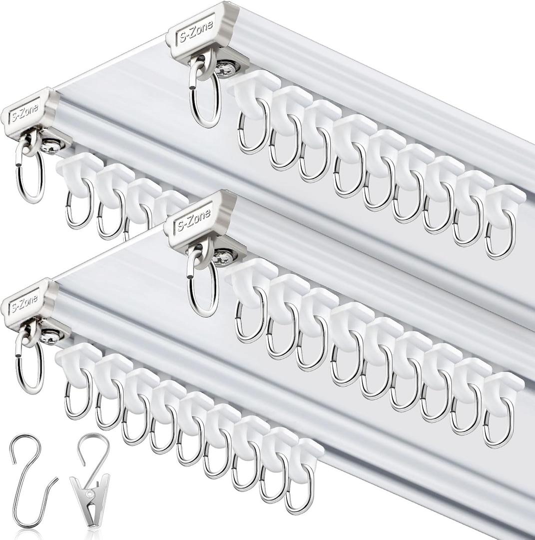 Juexica 2 Set Ceiling Curtain Double Track Set 3ft-10ft/ 3meter White Double Curtain Track Ceiling Mount Heavy Duty Room Divider Adjustable Length Rails with Clips Hooks End Hook