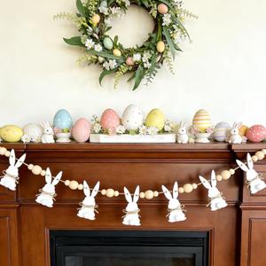 6.5ft Cute Easter Bunny Garland with Wood Beads, Farmhouse Easter Decorations Garland with Rustic White Rabbit Easter Banner Decor for Mantle Fireplace Wall Rustic Easter Home Indoor Banner