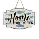 Bolisom Home by The Sea Front Door Sign, Beach Coastal Sea Fish Wood Hanger Outdoor Outside Porch Home Decor, Nautical Ocean Wooden Wreath Indoor Wall Hanging Decoration
