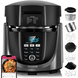 Nuwave Duet Air Fryer, Electric Pressure Cooker & Grill Combo, 540 IN 1 Multicooker with 2 Removable Lids, Slow Cook, Sears, Sauts, 18/10 SS Pot, Sure-Lock Safety Tech & 9 Deluxe Accessories