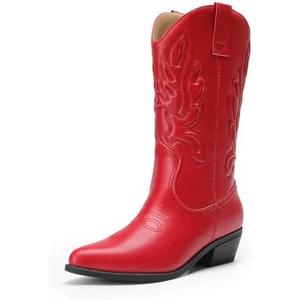 DREAM PAIRS Women's Cowboy Boots Mid Calf Cowgirl Boots Embroidery Stitched Western Boots Size 8.5