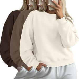 Ficerd 3 Pack Women's Cropped Sweatshirts Long Sleeve Cotton Crew Neck Pullover Tops Casual Solid Sweat Shirts (Medium, Brown, Mocha, Cream)