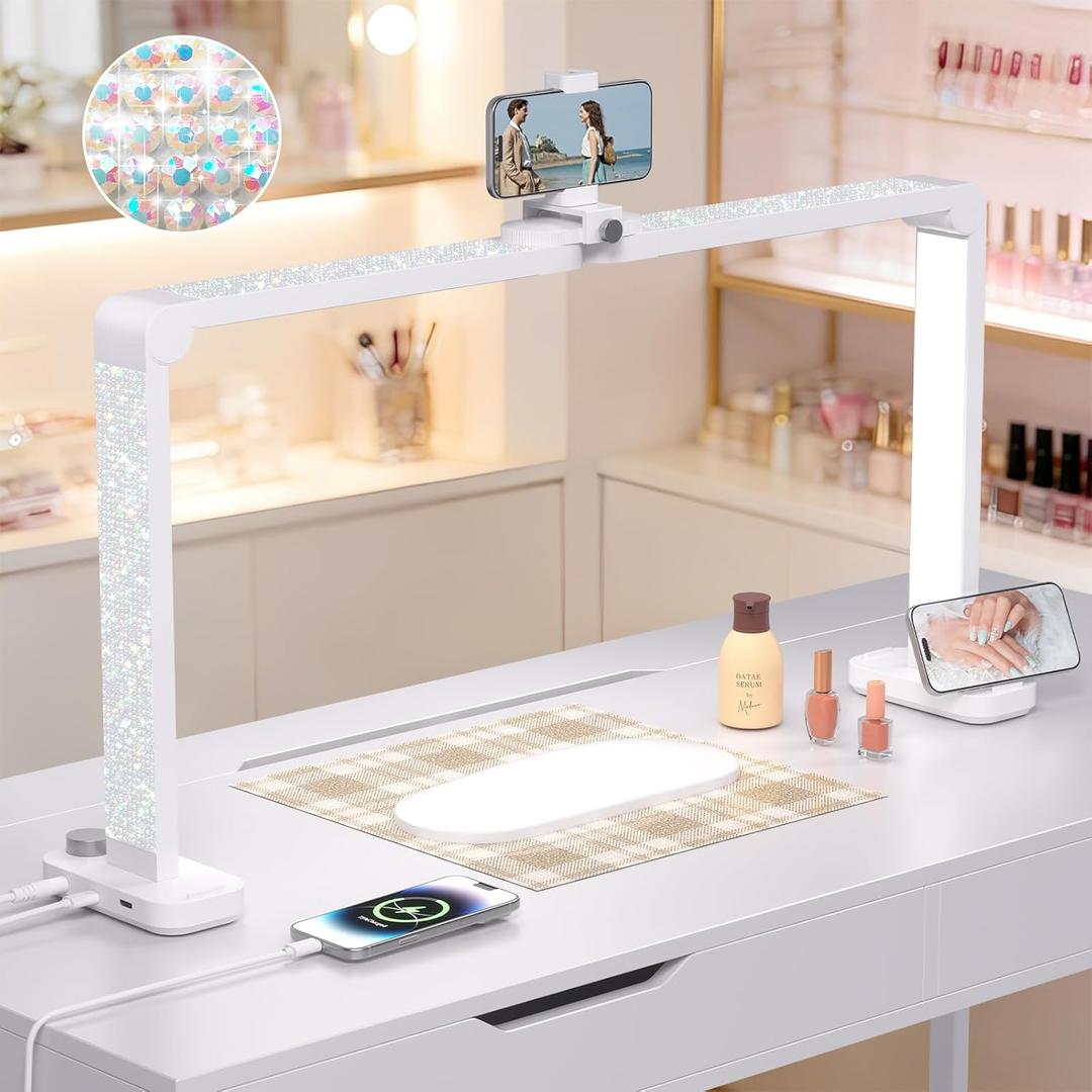 Half Moon Light for Nail Desk, 34 Large Square Nail Lamp for Desk with Phone Holder, Professional Manicurist Desktop Lamp, LED Light Suitable for Manicures, Tattoos, White with Rhinestones (1 Pack)
