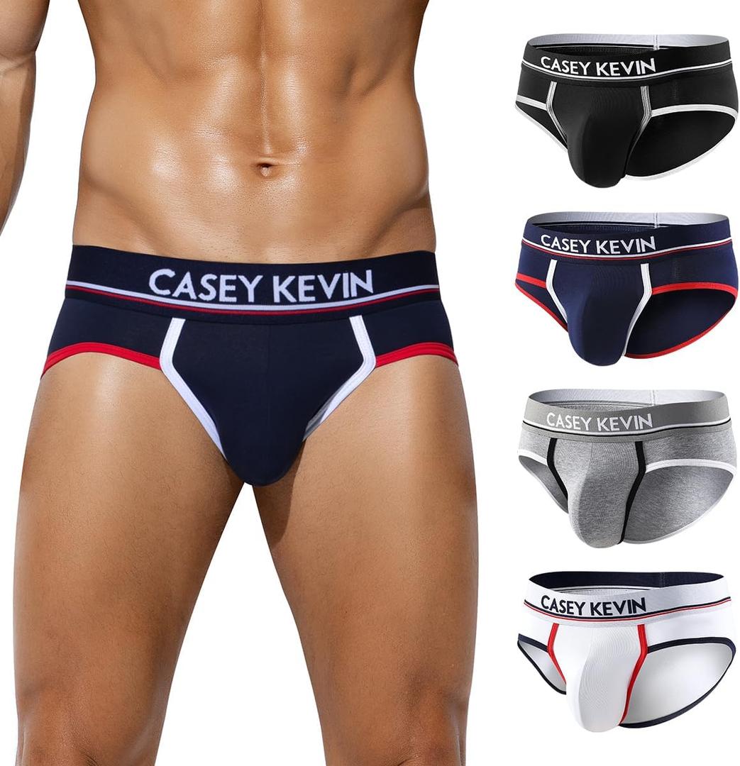 Casey Kevin Men's Cotton Briefs Wide Waistband No Fly Underwear Briefs for Men 4 Pack (Black, XL)