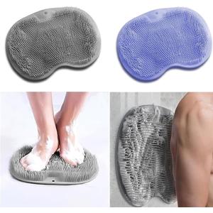 2 Pack Shower Back & Foot Scrubber, Wall Mounted Back Scrubber Silicone Bath Massage Cushion Brush with Suction Cups, Bathroom Wash Mat Exfoliating Dead Skin Brush (L-Blue Grey)