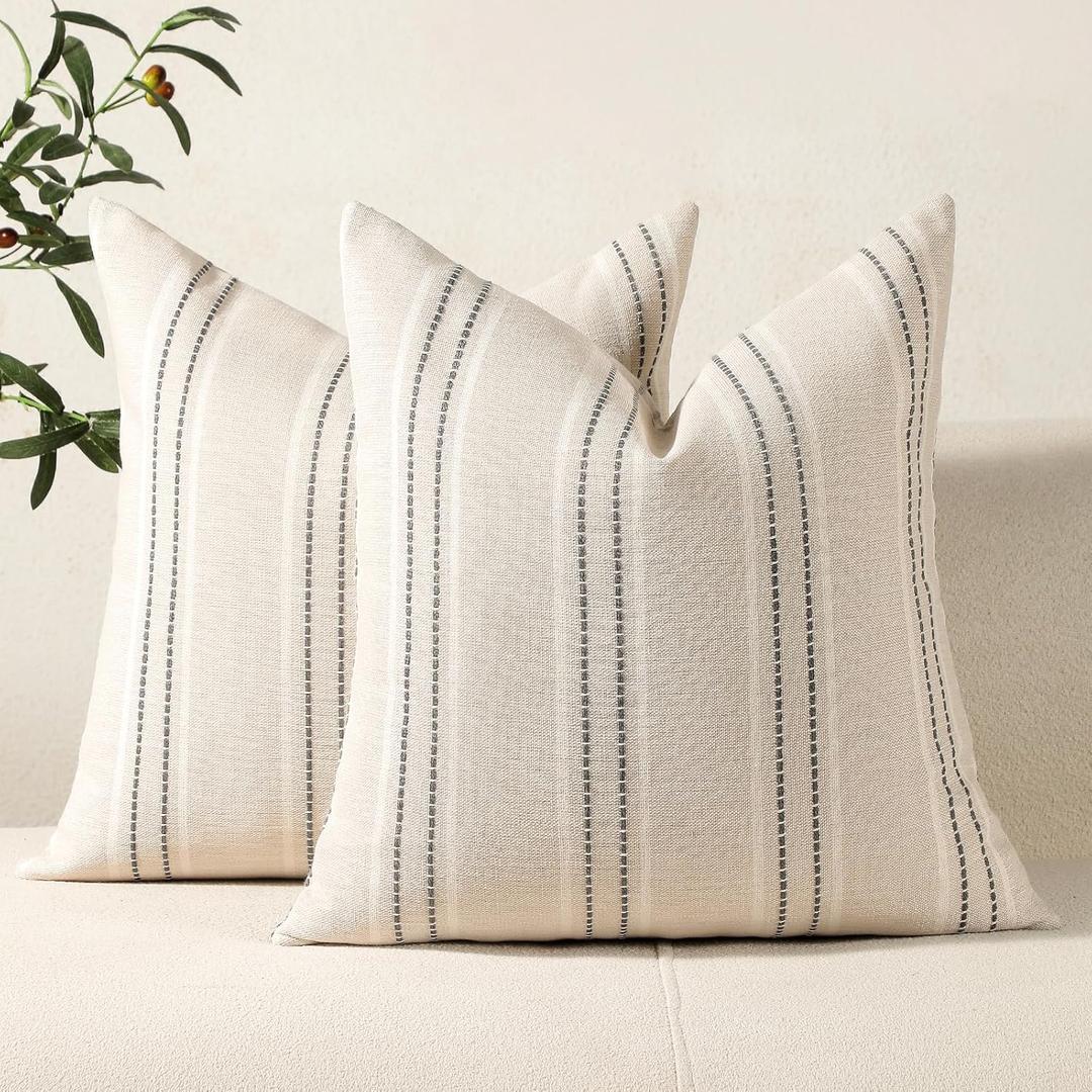 Hckot Decorative Pillow Covers 18x18 Striped Throw Pillows Textured Linen Pillow Covers Farmhouse Decor Cushion Covers for Couch Bed Living Room, Grey